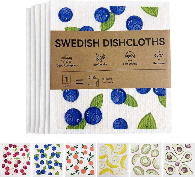 6 Pack Swedish Dishcloths – Super Absorbent, Reusable & Eco-Friendly Kitchen Towels (Fruit/Lavender/Camping/Solid Colors) (Fruit Party)