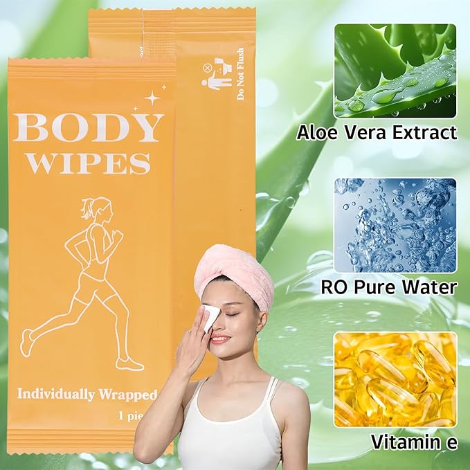 200 Pack Body Wipes Individually Wrapped, Shower Wipes For Adults, No Rinse Bath Wipe Bulk, Cleansing Wipe Travel Size for Travel, Gym, Camping, Outdoors Sports (Orange)