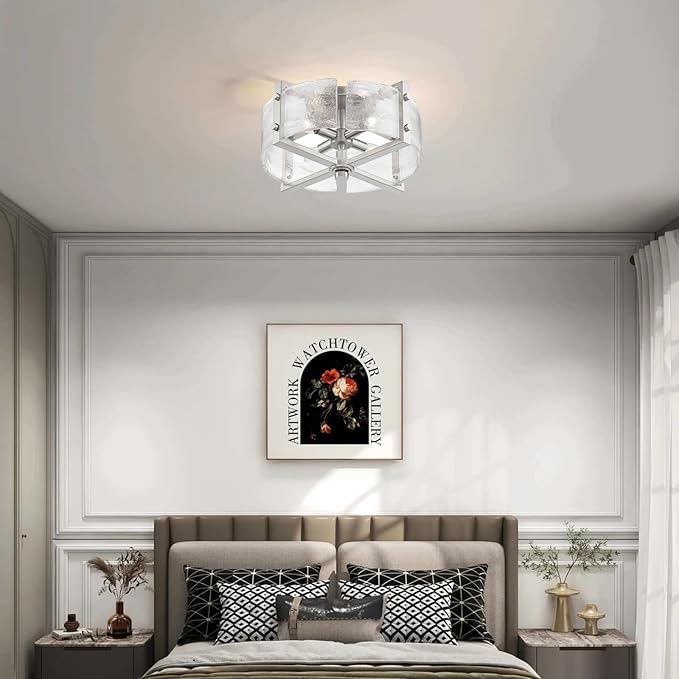 Bofea-Modern Semi Flush Mount Ceiling Light Chrome Drum Light Fixture with Hand-Blown Glass Shade 4-Lights Hallway Lighting Fixtures Farmhouse Ceiling Lights for Dining Room Foyer Entryway Lamp