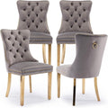 Velvet Upholstered Dining Chairs Set of 4, Modern Style Kitchen Side Chairs with Nailhead Trim and Gold Plated Leg, Metal Pulling Ring for Dining Room Living Room(Gery-Gold Plated Leg)