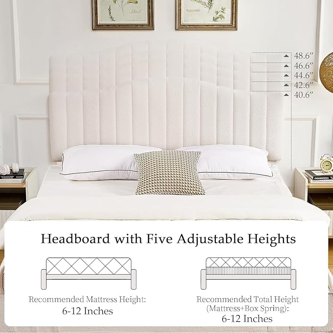 VECELO Full Size Upholstered Platform Bed Frame with Adjustable Teddy Fabric Headboard, Strong Wood Slats, 7.9" Under-Bed Storage, Noise-Free, No Box Spring Needed - Beige