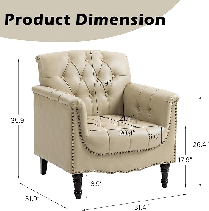 UIXE Faux Leather Accent Chair, Upholstered Armchair for Living Room, Retro Button Tufted Club Arm Chair Single Sofa Bedroom Side Reading Seating with Solid Wood Legs - Beige