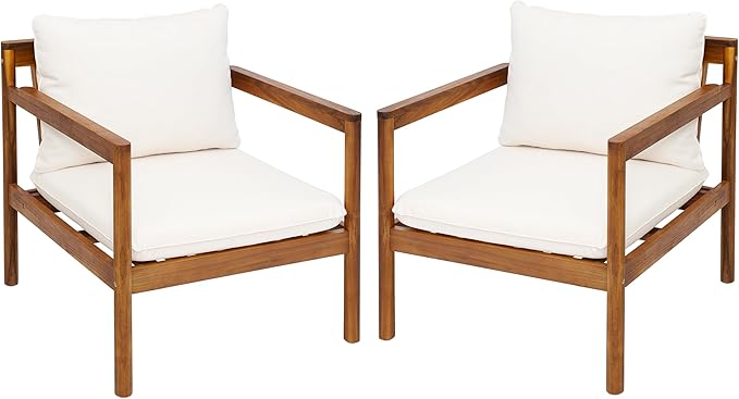 Christopher Knight Home Veera Set of 2 Acacia Wood Lounge Chair Outdoor with Rope Accent, Accent Chair with Water-Repellent Cushions, Comfy Chairs for Garden/Backyard, Patio Furniture, Teak + Cream
