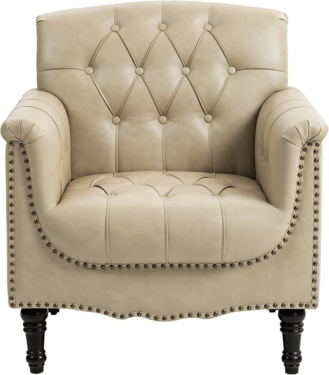 UIXE Faux Leather Accent Chair, Upholstered Armchair for Living Room, Retro Button Tufted Club Arm Chair Single Sofa Bedroom Side Reading Seating with Solid Wood Legs - Beige