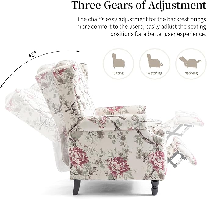Wingback Recliner Chair Set of 2, Floral Fabric Pushback Recliner Chair, Upholstered Armchair Push Back Recliner, Rivet Trim Single Sofa Accent Chair with Wood Legs for Living Room, Floral Plants