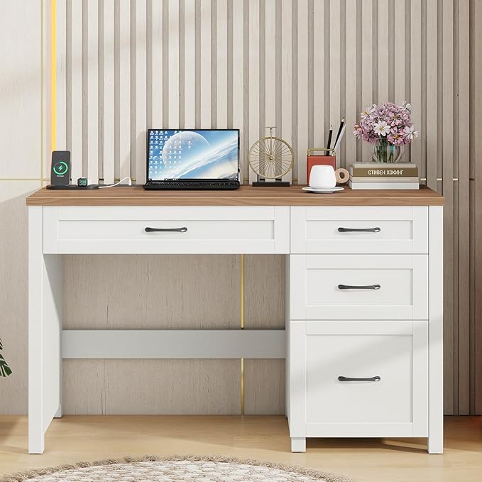 Vabches Farmhouse 47" Executive Desk, Computer Desk with File Drawer and Charging Station, Workstation for Home Office & Study.Off White