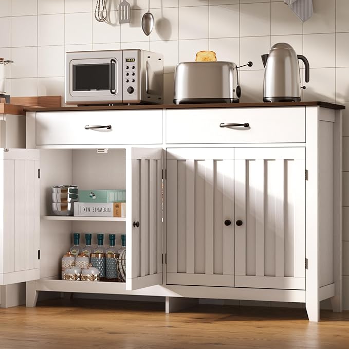 Gizoon 55" Buffet Cabinet with Storage, Sideboard Buffet with Drawers and Doors, Kitchen Storage Cabinet, Kitchen Pantry Adjustable Shelf, Metal Handle, Anti-Dumping, R Angle, Retro