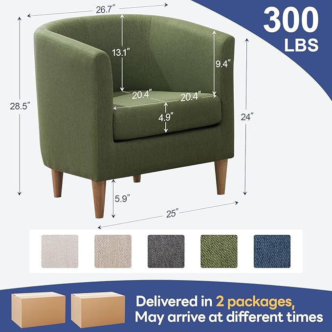 Accent Barrel Chairs Set of 2, Modern Comfy Living Room Chairs with Armrest Small Reading Chair with Cozy Soft Padded for Bedroom Reception Room Cafe, Green