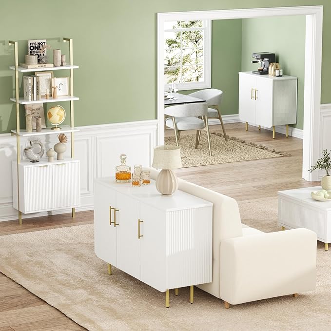 Set of 2 Fluted White Storage Cabinets, Modern 2-Door Sideboard Buffet Cabinet with Adjustable Shelves and Metal Legs, Accent Cabinet for Kitchen, Living Room, Entryway (White & Gold)