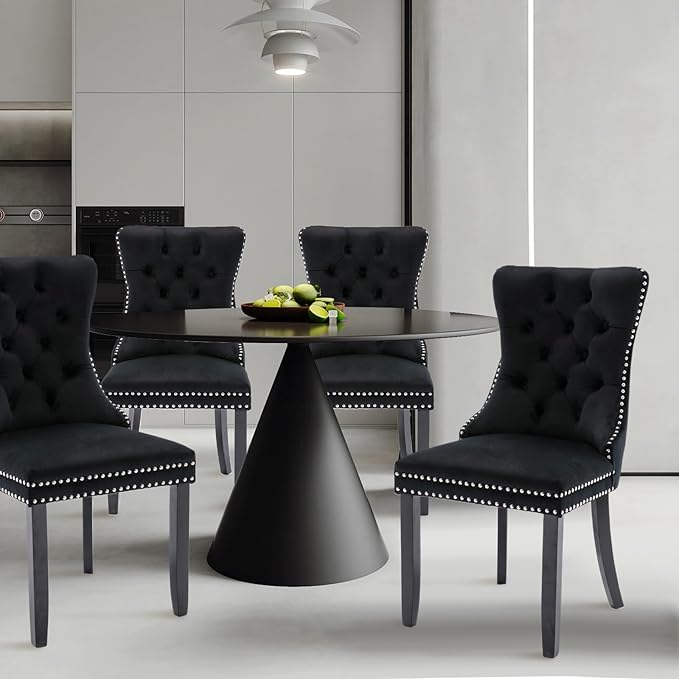 Velvet Upholstered Dining Chairs Set of 4, Modern Style Kitchen Side Chairs with Nailhead Trim and Wood Legs,Metal Pulling Ring for Dining Room Living Room(Black,Set of 4)