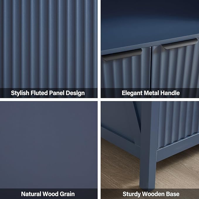Buffet Cabinet with Storage - Modern Farmhouse Rustic 32 Fluted Sideboard Storage Cabinet Buffet with Adjustable Shelves, Coffee Wine Bar Organizer for Dining Room (Navy Blue)