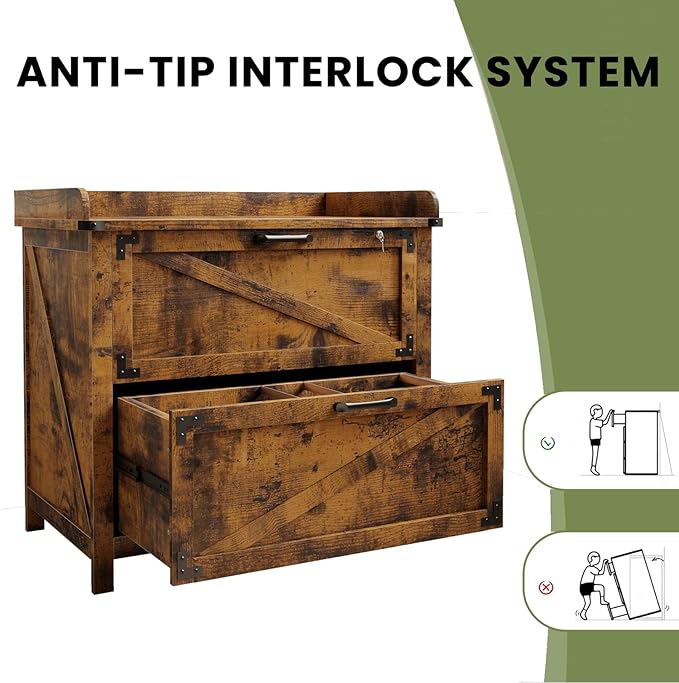 2 Drawer File Cabinet with Lock, Modern Farmhouse Filing Cabinet for Legal/Letter/A4 Size Hanging Files, Large Wood File Cabinets for Home Office