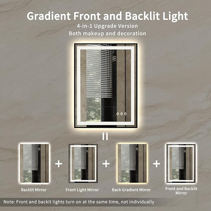 LED Bathroom Mirror, 24x32 Inch Black Framed Gradient Front and Backlit LED Mirror for Bathroom, 3 Colors Dimmable CRI>90, Enhanced Anti-Fog Wall Mounted Lighted Vanity Mirror