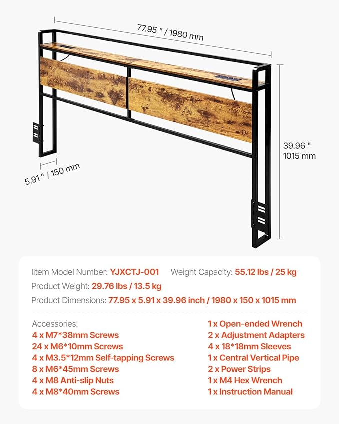 VEVOR Headboard for King Size Bed, Adjustable Height Headboard with Storage Shelf, King Size Freestanding Head Board with Outlets and USB Port for Different Bed Frames, Easy Assembly, Black and Brown