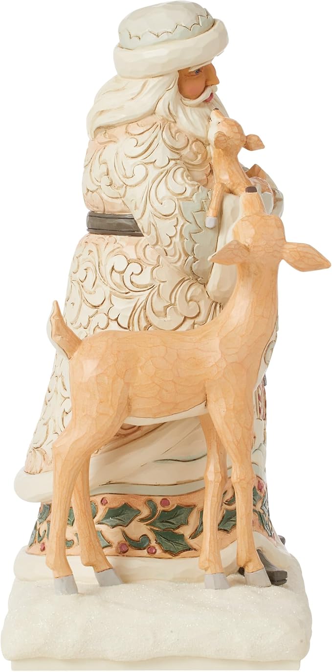 Enesco Jim Shore Heartwood Creek White Woodland Santa Holding a Fawn Figurine- Stone Resin Hand Painted Crafted Collectible Santa Figurines Christmas Home Decor Statue, 10.63 Inch