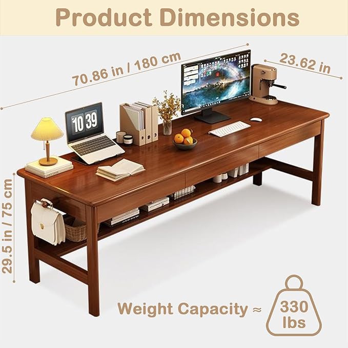 70.86" Long Solid Wood Desk with 3 Drawers Home Office Computer Desk Mid Century Modern Large Study Writing Desk Simple Real Wood Desk Study Table Workstation, Walnut