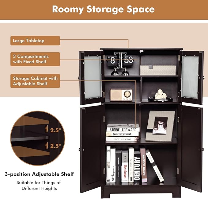 LOKO Bathroom Floor Cabinet, Storage Organizer with Glass Doors, Wooden Kitchen Cupboard with Adjustable Shelf, Versatile Floor Storage Cabinet for Bathroom, Living Room & Kitchen (Brown)