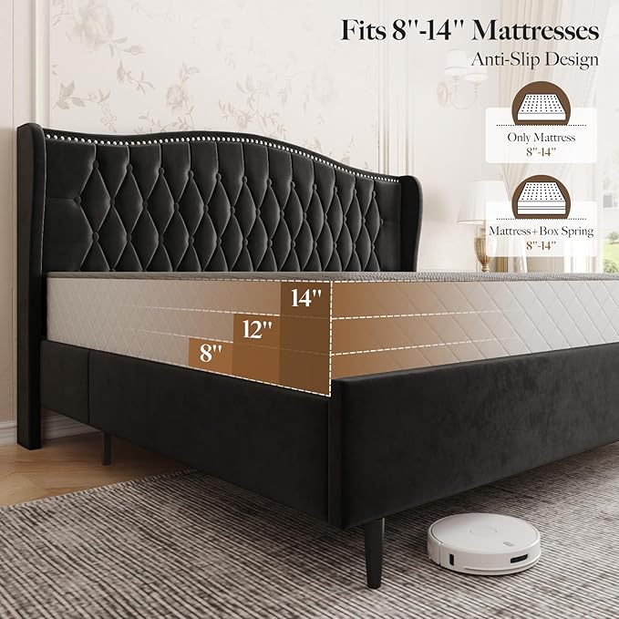 Belffin King Bed Frame and Headboard, Luxury Upholstered Velvet Platform Bed with Wingback, Button Tufted & Nailhead Trim, Anti-Slide Tall Footboard, No Box Spring Needed, Noise-Free, Black