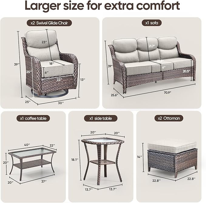 Swivel Patio Chairs sofa Set of 7 with 6" Thick Cushion - Wicker Outdoor Swivel Rocker Patio Chair ,Sofa/Glass coffee table, High Back Comfortable Outdoor Glider Chairs - Brown Wicker Beige Cushions