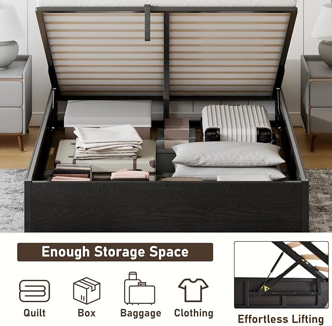 Queen Size Lift-Up Storage Platform Bed Frame, Metal Bed Frame with Wooden Slats Support, Spacious Underneath Storage, No Box Spring Required, Noise-Free, Black