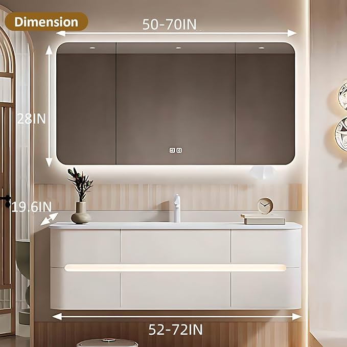 68IN Bathroom Vanity - Bathroom Vanity with Sink with Intelligent Induction Light | Wall-Mounted Bathroom Vanity with Intelligent LED Mirror Cabinet & 6 Drawers, Cream Color