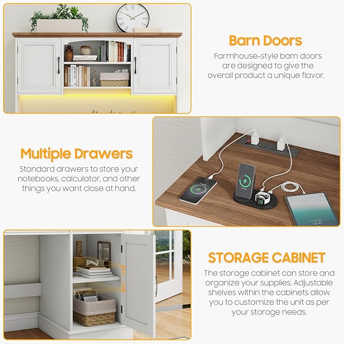 Vabches Farmhouse 47" Executive Desk with Hutch, 2 Drawers and LED Light, Computer Desk with Storage Cabinet and Charging Station,Workstation for Home Office and Study.Unique White