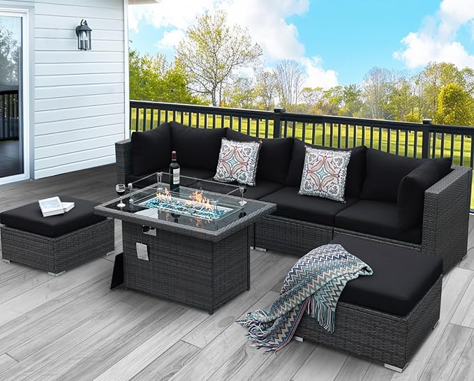 NICESOUL 7 Piece Outdoor Patio Sectional Furniture Set with Firepit Natural Gas/Propane, 29.3'' High-Back Comfy Conversations for Outside, Oversized Wide Wicker Couches, 2 Color Cushion Black & Gray