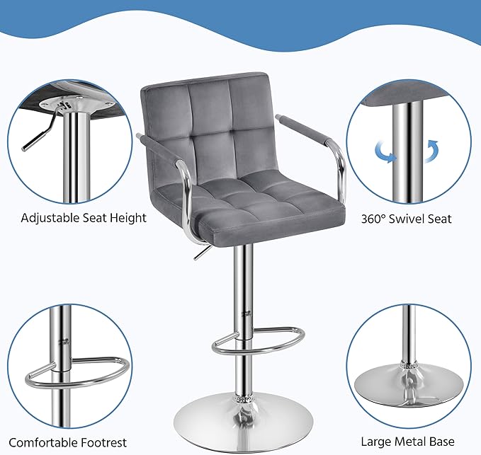 Yaheetech Counter Height Bar Stools Set of 2 Velvet Swivel BarStools for Kitchen Stool Height Adjustable Counter Stool Barstools with Armrest, Velvet, Grey