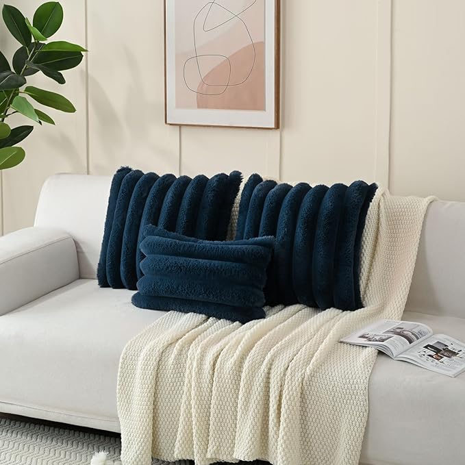 FUTEI Navy Blue Decorative Throw Pillow Covers 24x24 Inch Set of 2, Square Soft Faux Rabbit Fur Thick Striped European Cushion Covers,Winter Home Decor for Couch Bed Living Room