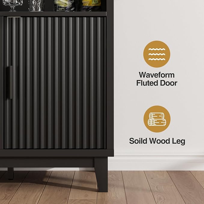 Fluted Buffet Cabinet with Storage, Modern Coffee Bar Cabinet with Outlet, Wine Rack, Cup Holder, Multi-Functional Accent Liquor Cabinet for Living Room, Entryway, Kitchen, Black