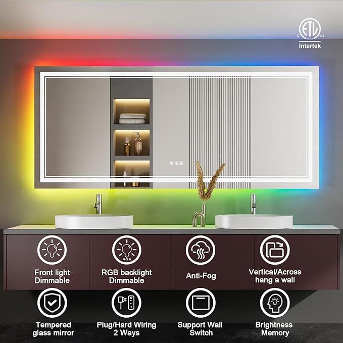 88x38 Inch RGB LED Bathroom Mirror with Lights, Color Changing RGB Backlit LED Mirror for Bathroom,Lighted Vanity Mirrors for Bathroom Wall, Dimmable, Anti-Fog (RGB Backlit+Front-Lit)