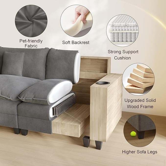 Cloud Couch, Modular Sectional Sofa with Ottoman, Charging Station, Throw Pillows, Cup Holders, Modern Convertible L Shaped Couches for Living Room, Bedroom (Grey, 116"- L Shape)