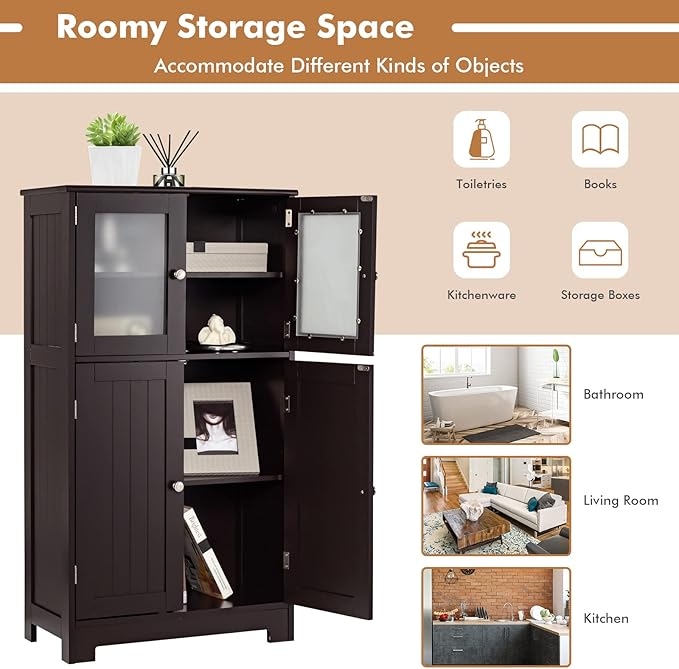LOKO Bathroom Floor Cabinet, Storage Organizer with Glass Doors, Wooden Kitchen Cupboard with Adjustable Shelf, Versatile Floor Storage Cabinet for Bathroom, Living Room & Kitchen (Brown)