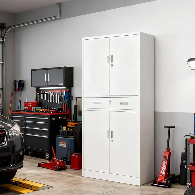 BESFUR Metal Cabinet, Garage Storage Cabinet with Drawer and Adjustable Shelves for Garage, Office, School - White