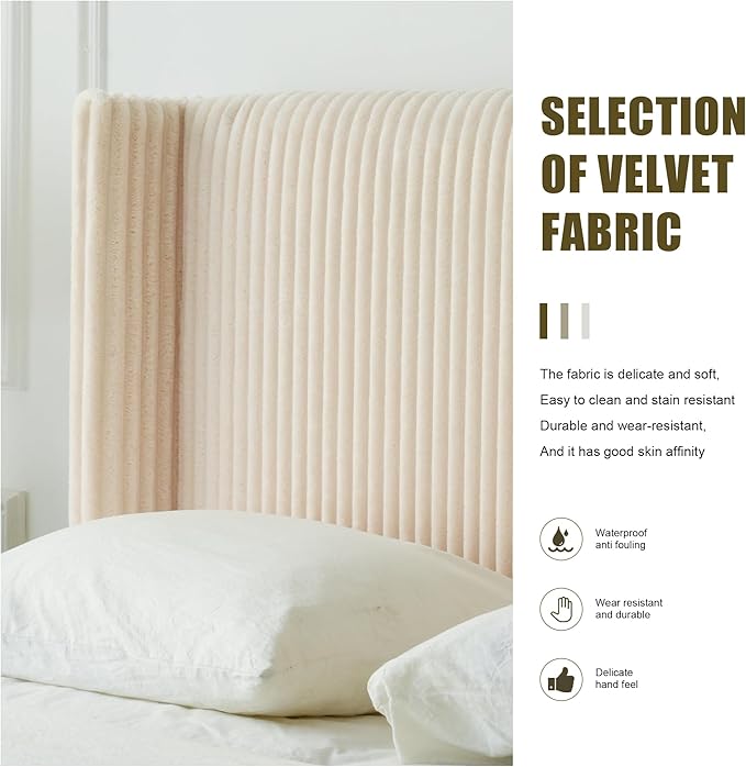 PINJU Twin Size Bed Frame, Upholstered Platform Bed with Modern Vertical Striped Wingback Headboard with Wooden Slats, Easy to Assemble No Noise Free (Beige, Twin)