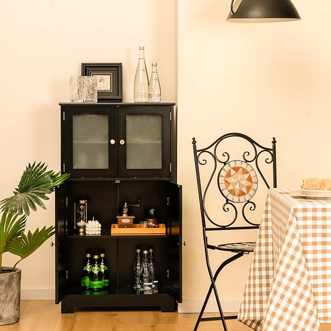 LOKO Bathroom Floor Cabinet, Storage Organizer with Glass Doors, Wooden Kitchen Cupboard with Adjustable Shelf, Versatile Floor Storage Cabinet for Bathroom, Living Room & Kitchen (Black)
