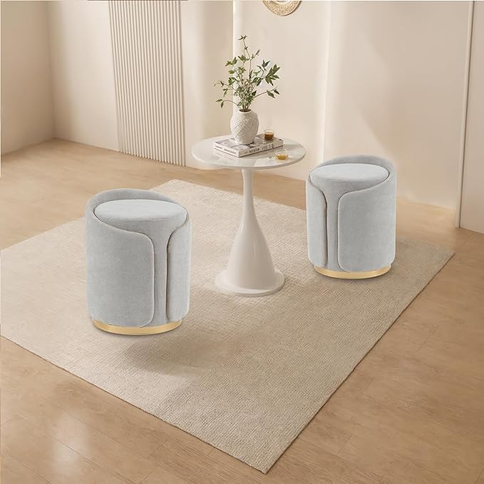 Swivel Vanity Stool with Gold Base Comfy Vanity Chair Modern Round Stool for Makeup Vanity Ottoman Foot Rest for Bedroom livingroom (Light Gray)