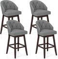 COSTWAY Bar Stools Set of 4, 31’’ Swivel Bar Stools with Rubber Wood Legs & Padded Back, Breathable Linen Fabric, Stylish Tufted Design & Rivet Decoration, Adjustable Foot Pads (4, Grey + Brown)