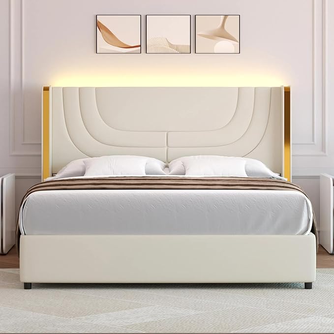 Queen Bed Frame with LED Lights, Faux Leather Upholstered Platform with Silver Wingback Headboard, Modern Style, No Box Spring Needed, Easy Assembly, Cream
