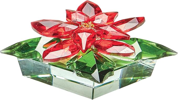 Bits and Pieces Crystal Poinsettia Figurine - Faceted Glass Sparkling Red and Green, Home Decor Christmas Decoration and Gift