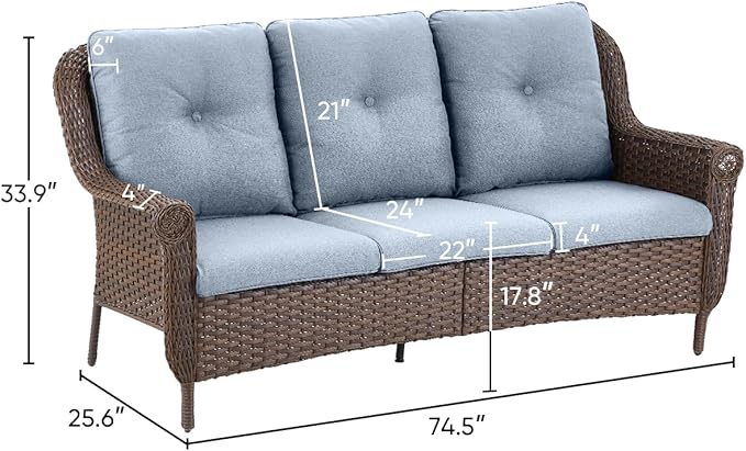 Patio Couch Outdoor Wicker Sofa - Heavy Duty All-Weather Brown Rattan 3-Seater with High Back and Comfortable Thick Cushions for Garden Back Porch Poolside Apartment - Baby Blue