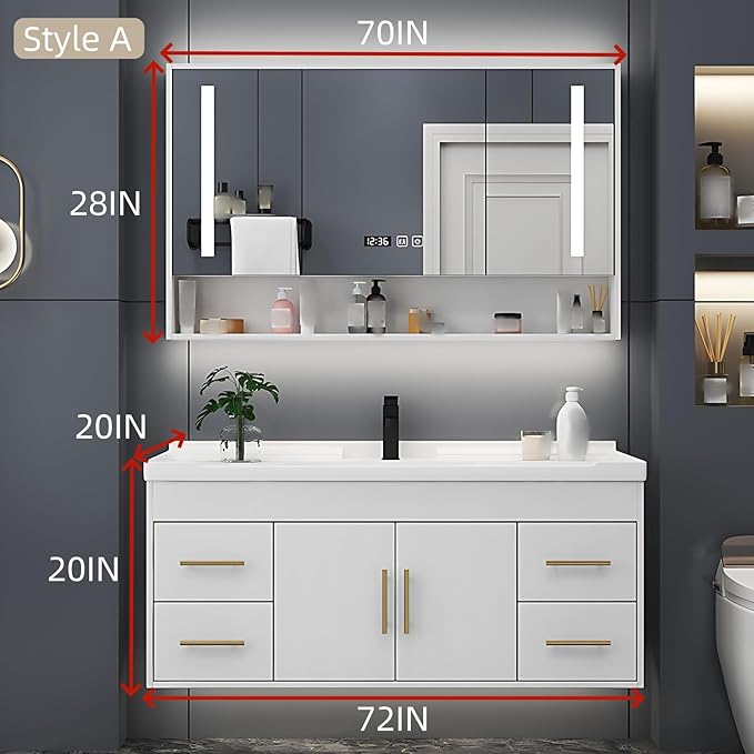 72IN Modern Bathroom Vanity - LED Intelligent Mirror Cabinet Includes Time Display & Defogging | Bathroom Cabinet with Sink & Open Storage Compartments, Ceramic Washbasin, 4 Drawers (Style A)