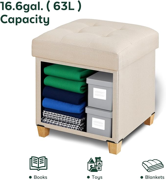 17.7" Ottoman with Storage, Square Storage Ottoman for Dorm, Linen Ottomans with Legs for Living Room, Bedroom, Beige