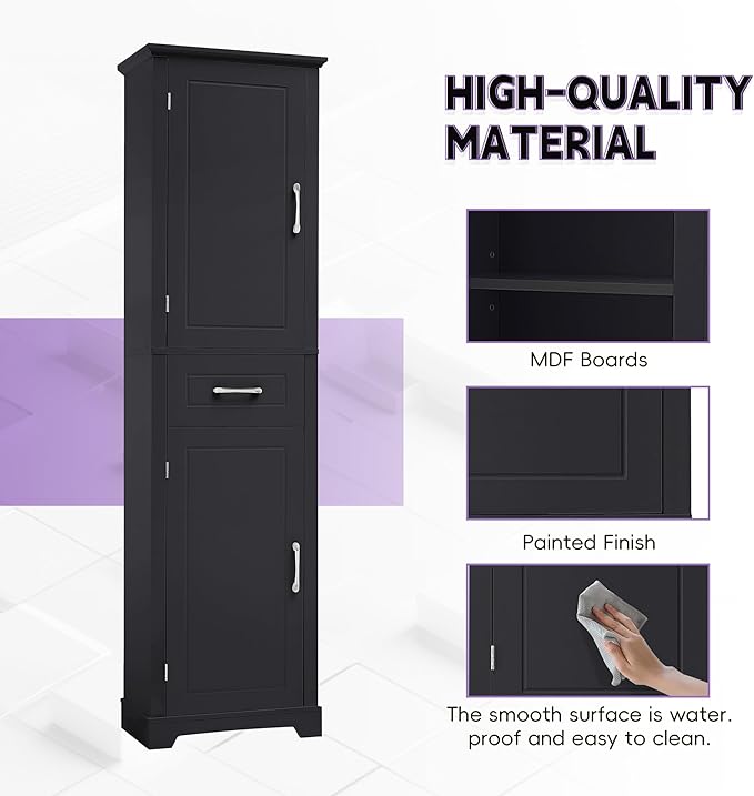 Bathroom Tall Storage Cabinet, Floor Freestanding Storage Cabinet with 2 Doors, One Drawer, Door Shelve Design, and Adjustable Shelf for Bathroom, Office, Multi-Use Organizer, Black