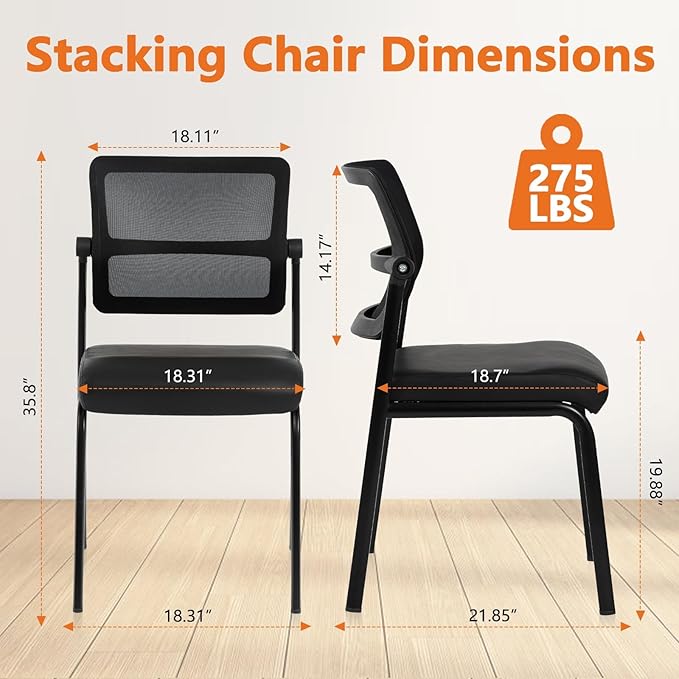 CLATINA Stackable Waiting Room Chair with Adjustable Mesh Backrest, Armless Office Guest Reception Chairs with Ergonomic Lumbar Support and Leather Cushion for Conference Lobby Side School, Black