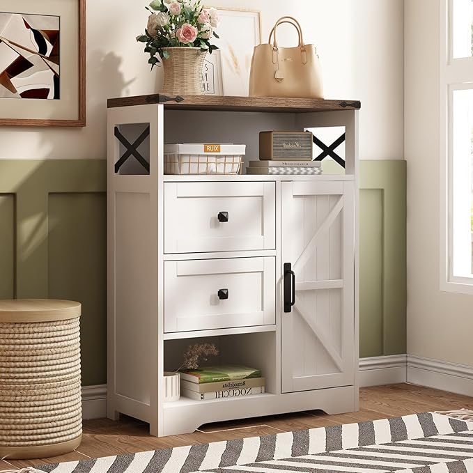 Fameill White Farmhouse Storage Cabinet with 2 Drawers & Shelves,Freestanding Kitchen Cabinet with Doors,Floor Storage Organization for Living Room,Bathroom,Laundry