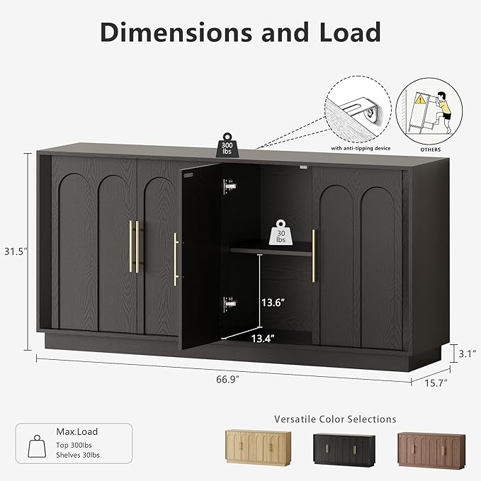 Sideboard Buffet Cabinet with Storage, Modern Accent Cabinet with Arched Doors, 67" Large Modular Media Console, Minimalist Credenza for Living Room Kitchen Dining Room Entryway, Black