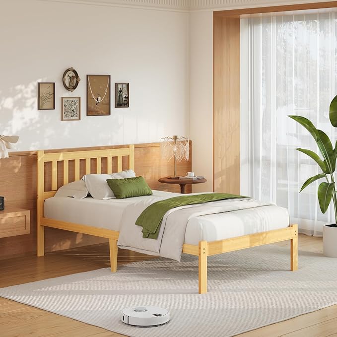 Askeld Wood Twin Bed Frame with Headboard, 14 Inch High Solid Bamboo Platform Bed No Box Spring Needed, Mid-Century Heavy Duty Bedframe, Easy Assembly, Noise Free