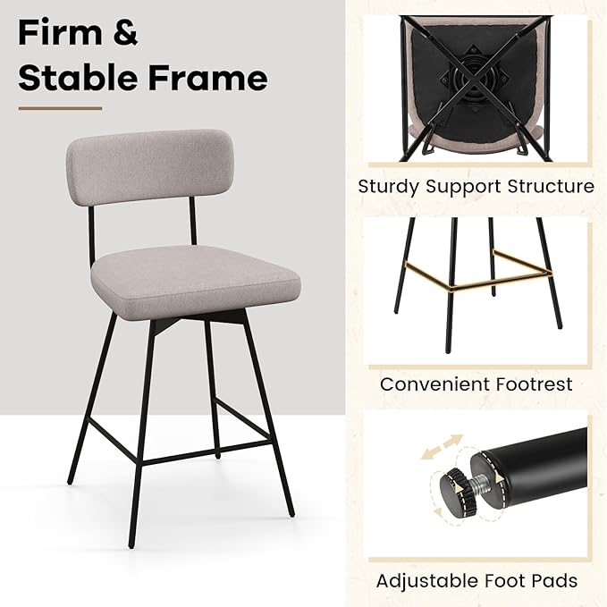 COSTWAY Bar Stools Set of 4, 25” Upholstered Counter Height Bar Stools with Back, 360° Swivel Dining Chairs with Heavy-Duty Metal Legs and Footrests, for Kitchen Island, Dining Room, Bar (4, Beige)