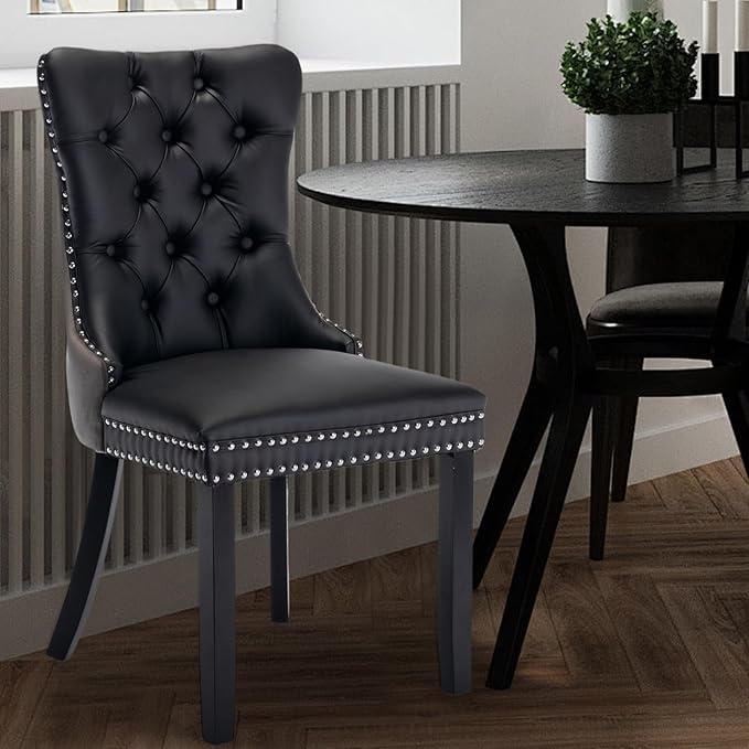 Leather Upholstered Dining Chairs Set of 4, Modern Style Kitchen Side Chairs with Nailhead Trim and Wood Leg, Metal Pulling Ring for Dining Room Living Room(Black&Grey,Set of 4)